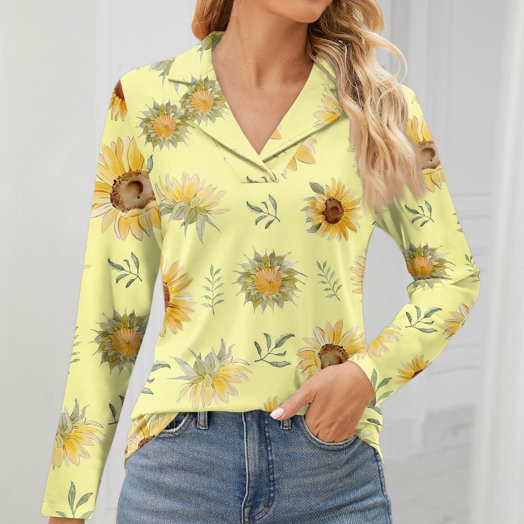Women's Fashion Leisure Long Sleeve V Neck Flower Printing Top