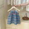Toddler Girls Blue Gingham Strawberry Print Cami Dress, Adjustable Bow Strap Sleeveless A-Line Kids Summer Sundress
