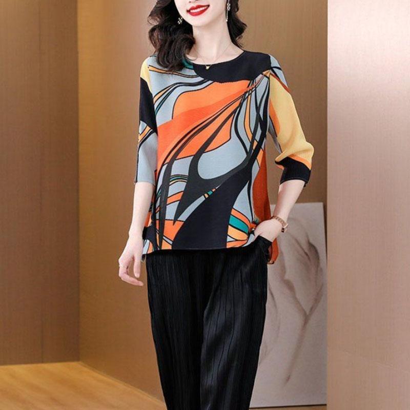 Морщинистая весенне-летняя футболка с раздельными рукавами, женская новая свободная и модная повседневная футболка с круглым вырезом с принтом для женщин