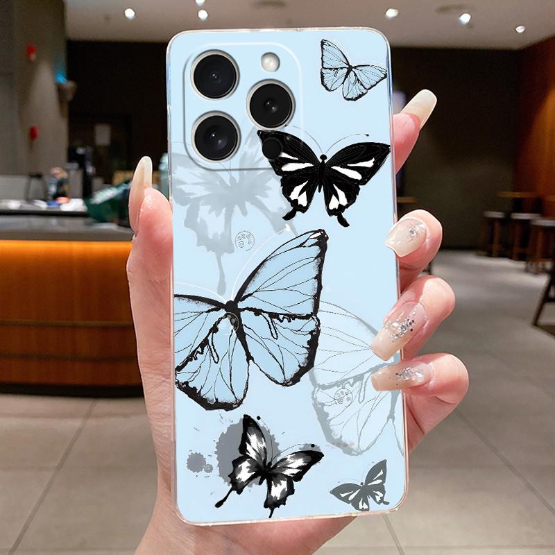 Cases For iPhone 16 Pro Max 16Pro Flower Butterfly Phone Case For iPhone 16e 16 Plus Soft Silicone Transparent TPU Back Cover