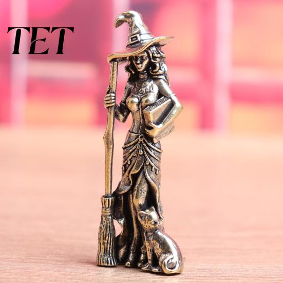 Vintage Witch Statue Brass with Cat, Metal Figurine, Collectible Fantasy Miniature Collectibles Halloween Desk Ornament for Gothic Home Office,