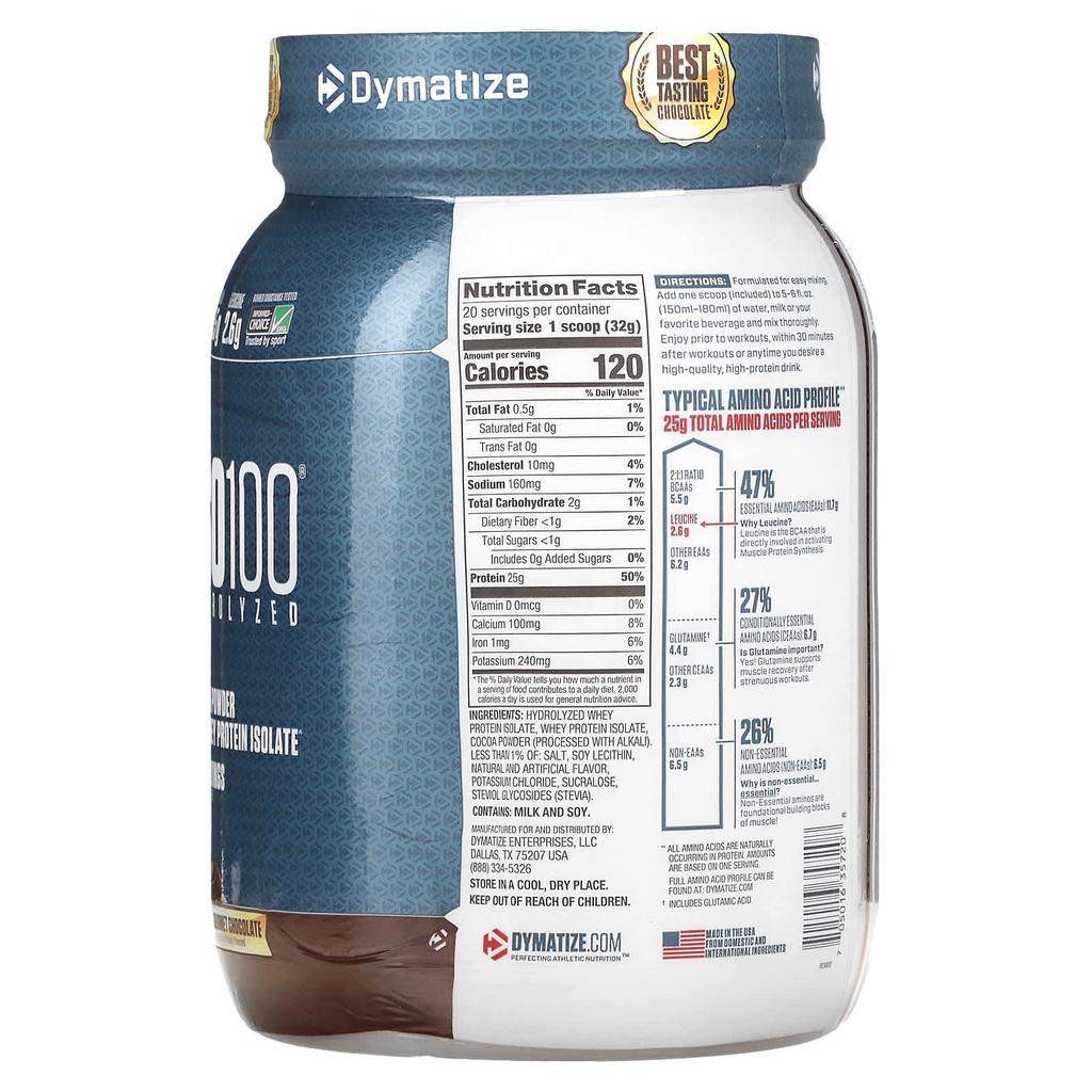 Dymatize Hydrolyzed ISO100, 100% Whey Protein Isolate, Gourmet Chocolate, 640 G (1.4 Lb)