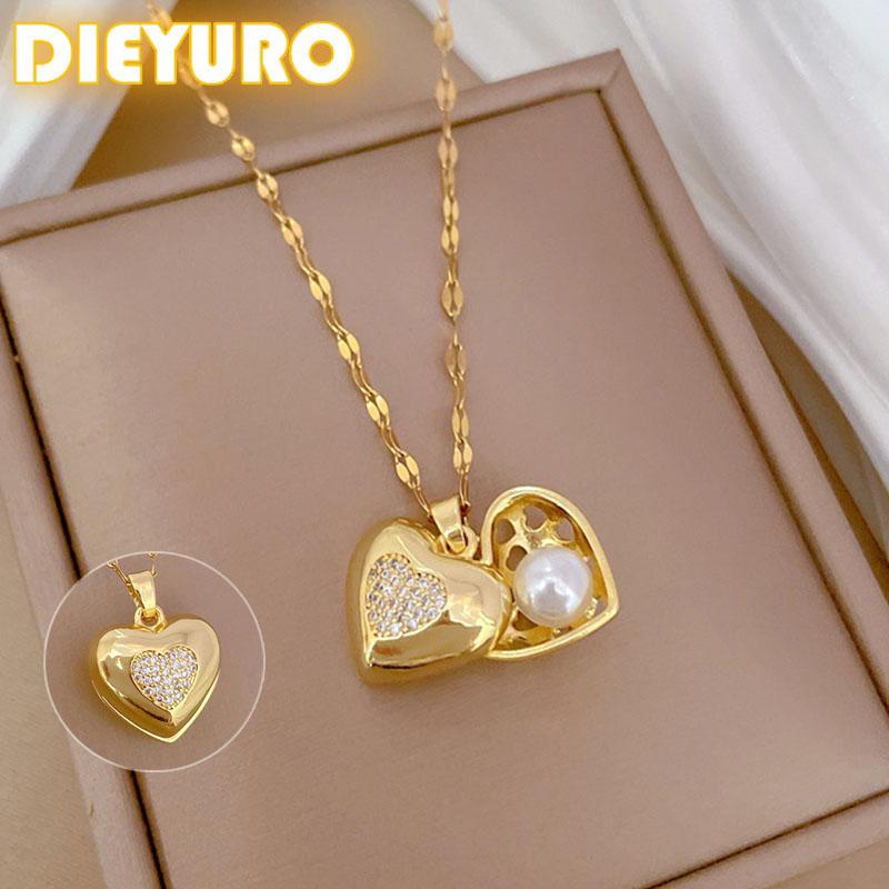 DIEYURO 316L Stainless Steel Detachable Heart Shaped Wrapped Pearl Pendant Necklace Girl New Trend Clavicle Chain Jewelry Gift