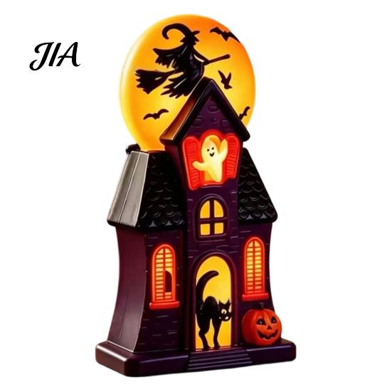 Halloween Decorations Indoor Haunted House Blow Mold Light, Vintage Pre-Lit Mansion Decor with Glowing Witch Lantern Figurines Moon Ghost Black