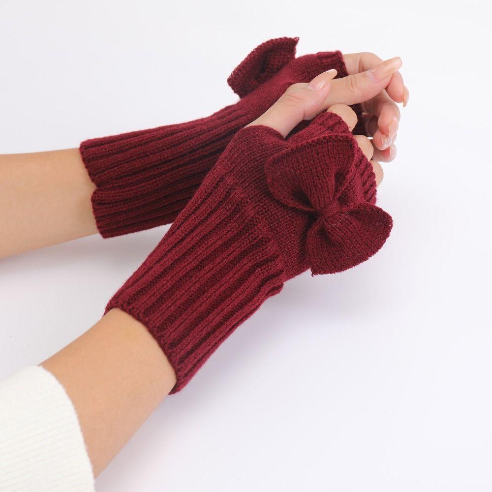 Comfortable Thick Warm Bowknot Knitted Gloves Elastic Soft Half Finger Gloves Keep Warm Arm Warmers Youth Student