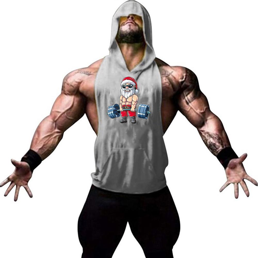 Men's fashion trend personalized gym fitness and leisure sleeveless Santa Claus print pattern hooded vest sports running vest