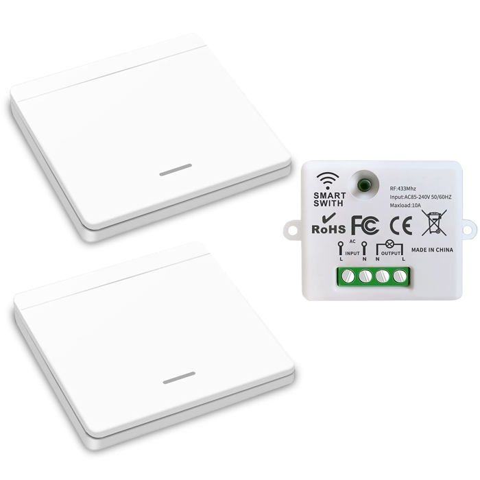 Interrupteur d'éclairage sans fil RF 433MHz - Kit 1 récepteur + 2 émetteurs, 7A 1500W, montage mural