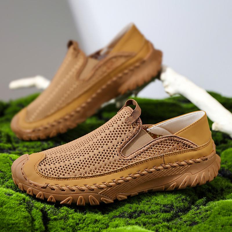 Fashion Summer Flying Mesh Men's Shoes Large-sized Casual Shoes Breathable Soft-soled Anti-slip Handmade Fashionable Flat Shoes Men
