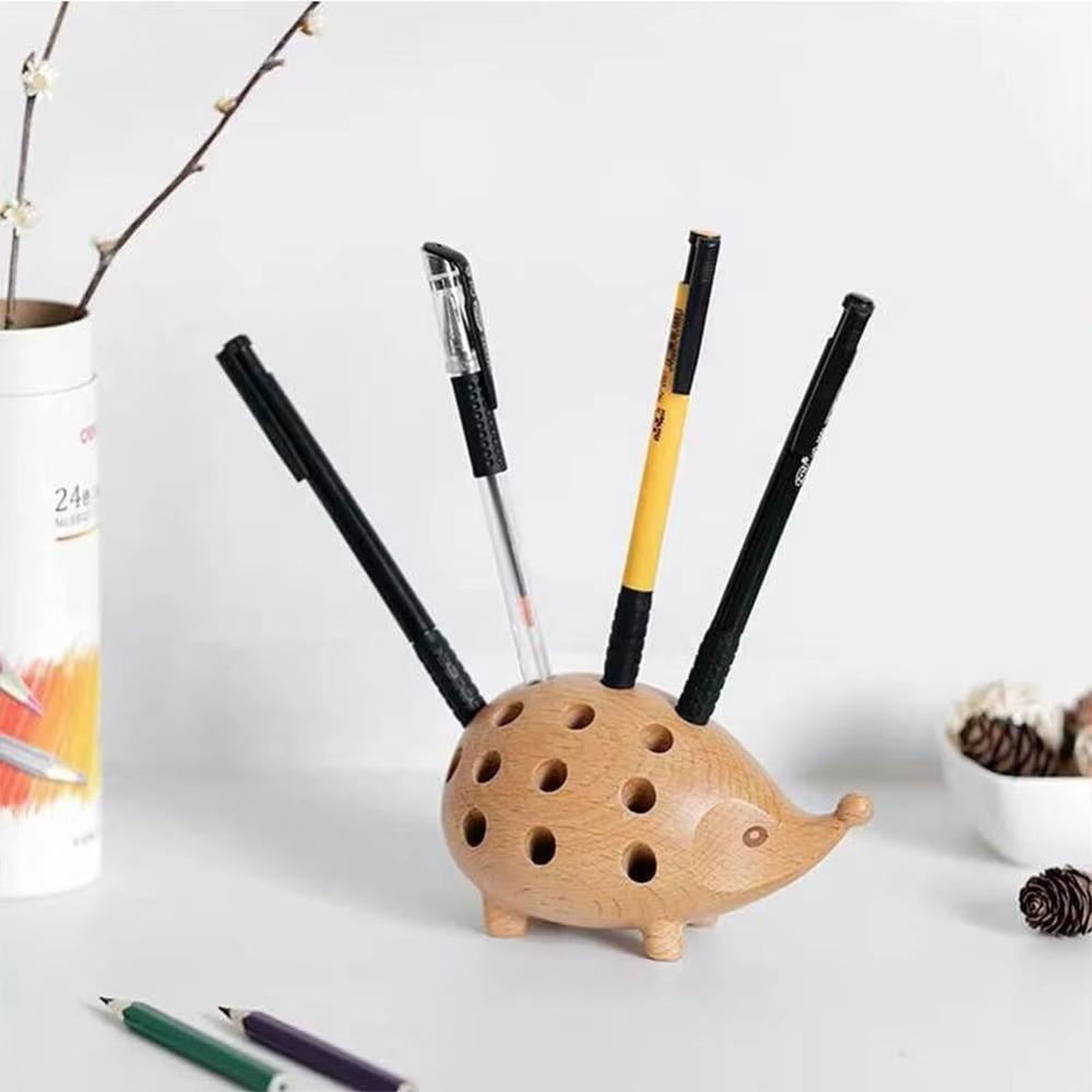 Creative Hedgehog Pen Holder Wooden Art Pen Container Lovely Pencil Stand Set For Children