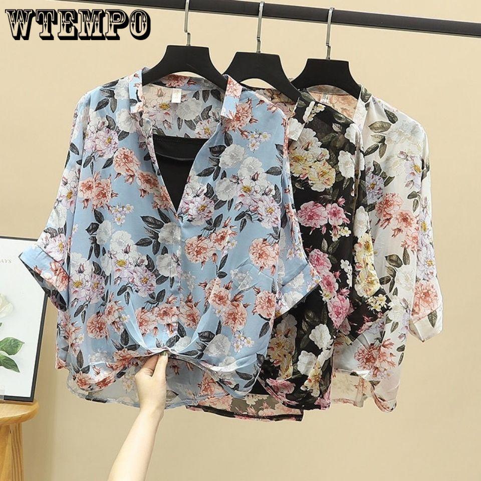 Летняя шифоновая рубашка-комбинация из двух частей, женская рубашка с рукавами «летучая мышь», корейская свободная рубашка с короткими рукавами