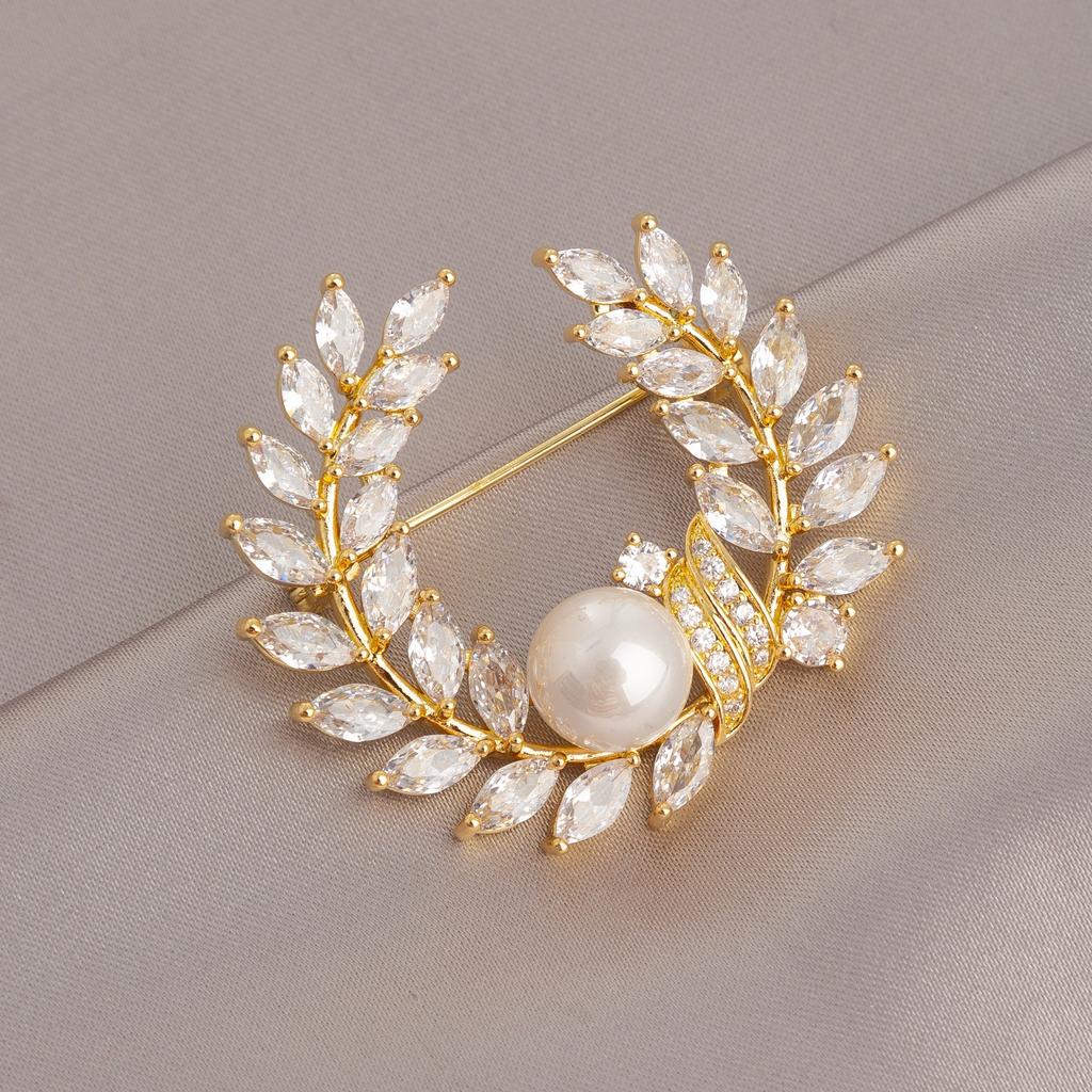 Light Luxury Zircon Wheat Ear Pearl Brooch Female Niche Design High-End High-End Anti-Light Buckle Pin Temperament Brooch