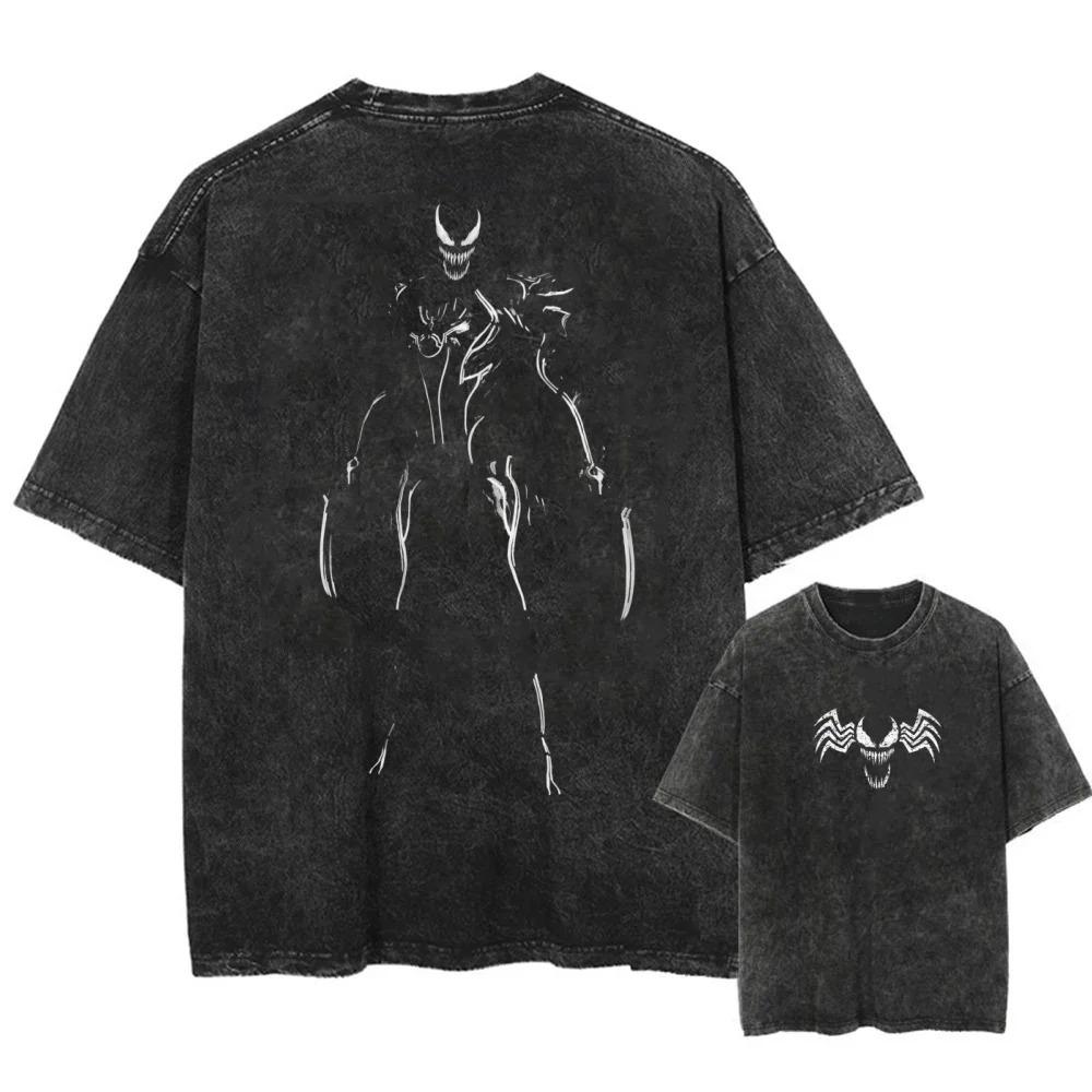 American Rebel Role Anime Venom Graphic Print T-Shirt Men Women Vintage Washed Cotton Summer New Tee Streetwear Hip Hop Harajuku Fashion Oversized Top