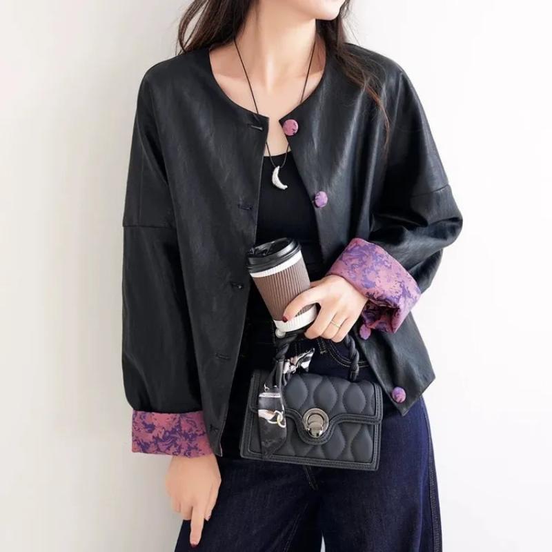 Retro Chinese Style Stitched Leather Jacket Women's Casual Top