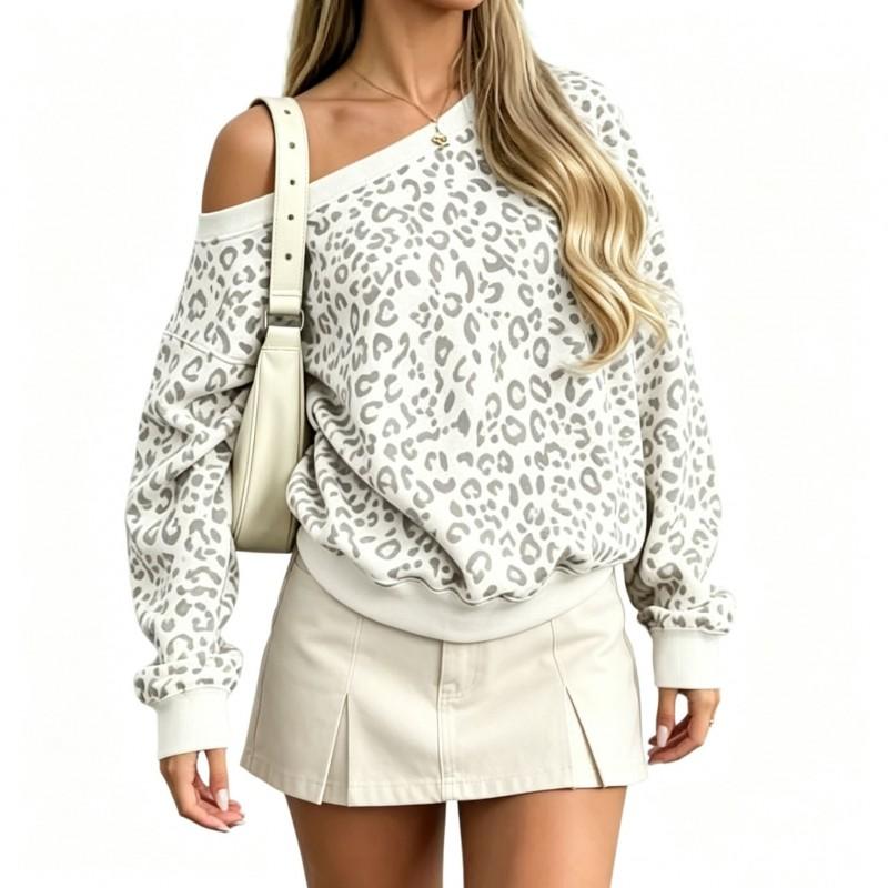 Womens 2026 Leopard Print Off-Shoulder Loose Fit Long Sleeve Hoodless Sweatshirt Daily Wear
