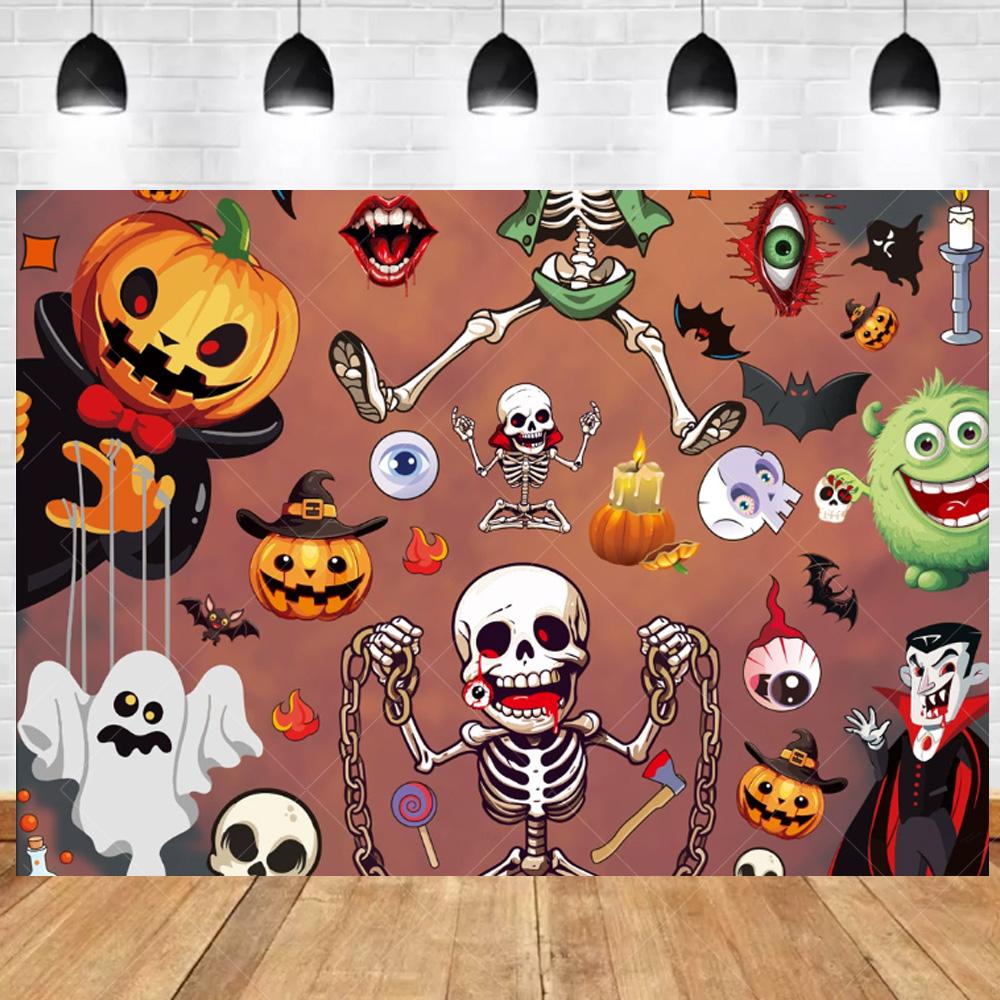 1pc Cute Halloween Party Backdrop with Castle Ghost Skeleton Bats Joker Dustproof Banner for Halloween Themed Party Decoration