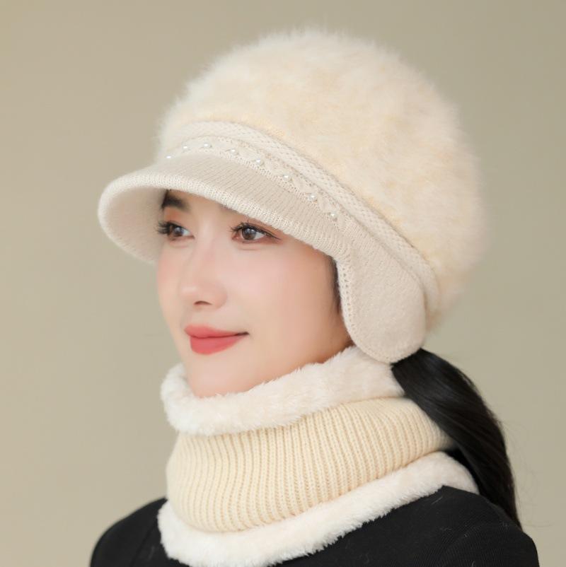 Winter Hat Female Faux Rabbit Fur Ear Protection Wool Hat Plush Thick Warm Knitted Hat