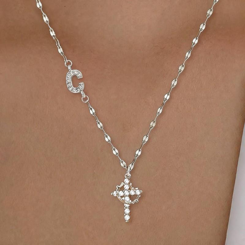 Cross Shape Letter Necklace Women Gold Plated Copper Pendant Versatile Fashion Jewelry