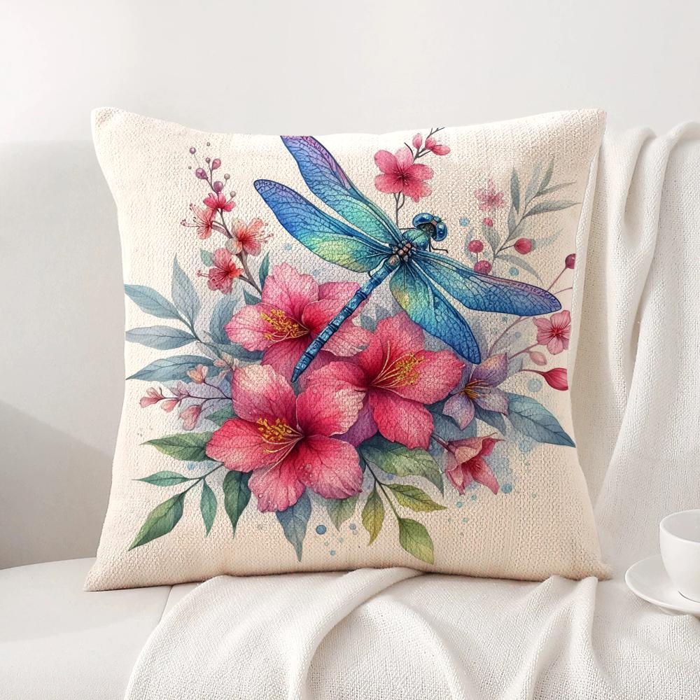 Dragonfly and flower Cushion Cover Natural Linen Organic Fabric DoubleSided Printing Sofa Home Decor Gift Pillow Cover