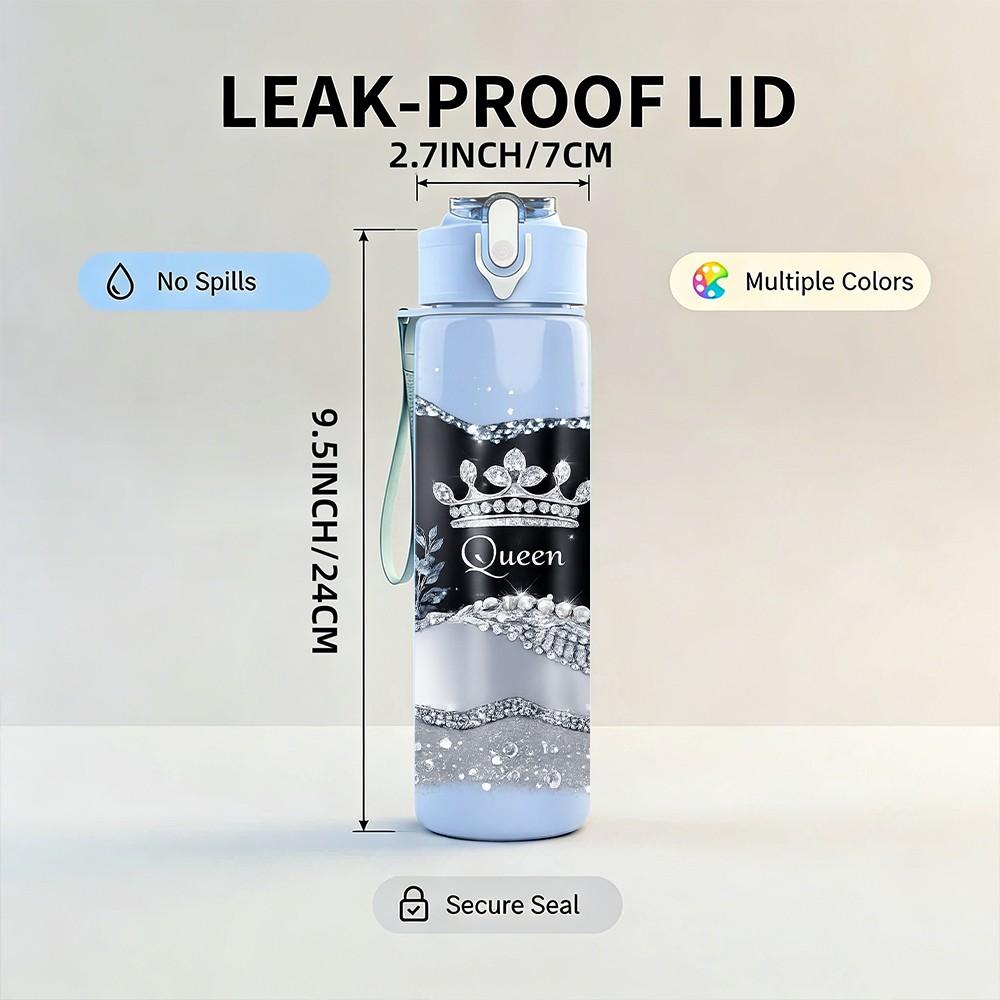 1PC Silver Crown Luxury Art Print 750ml Color Plastic Sports Water Bottle Leakproof Flip Straw Lid Suitable for Sports Office Home Use