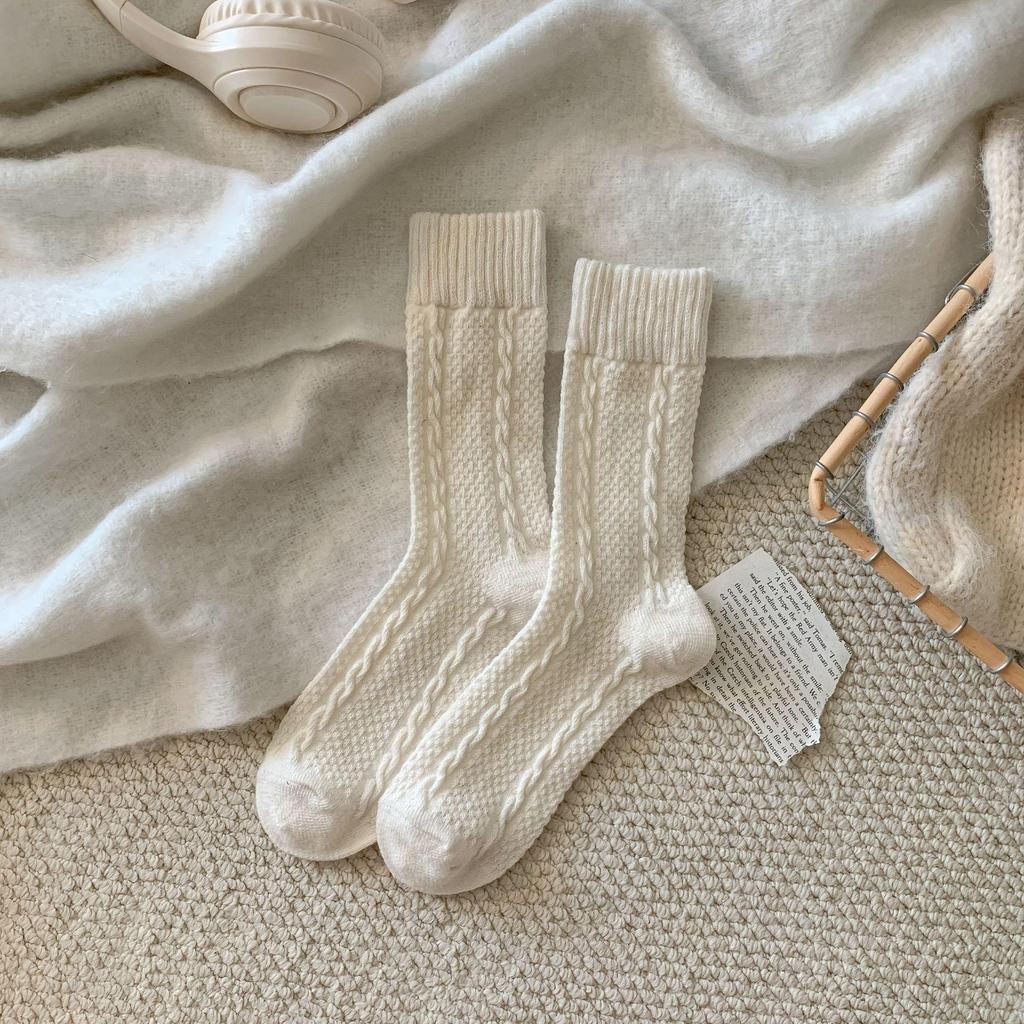 Серые шерстяные вязаные косами женские носки до середины икры - Ретро корейский стиль с оборками