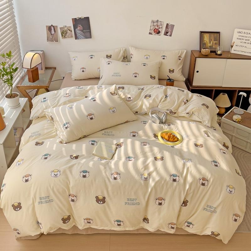 Милый мультяшный комплект пододеяльника с медведем для девочек, декор детской комнаты, кавайный клубничный комплект постельного белья из стираного хлопка, 3/4 предмета