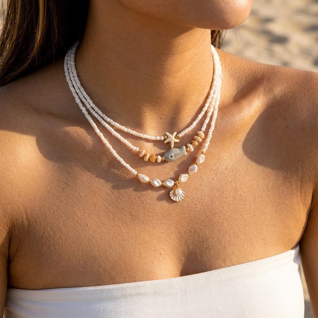Boho Ocean Starfish Shell Mermaid Tail Pendant Color Beaded Multi Layer Stackable Necklace for Women Beach Vacation Jewelry Gift