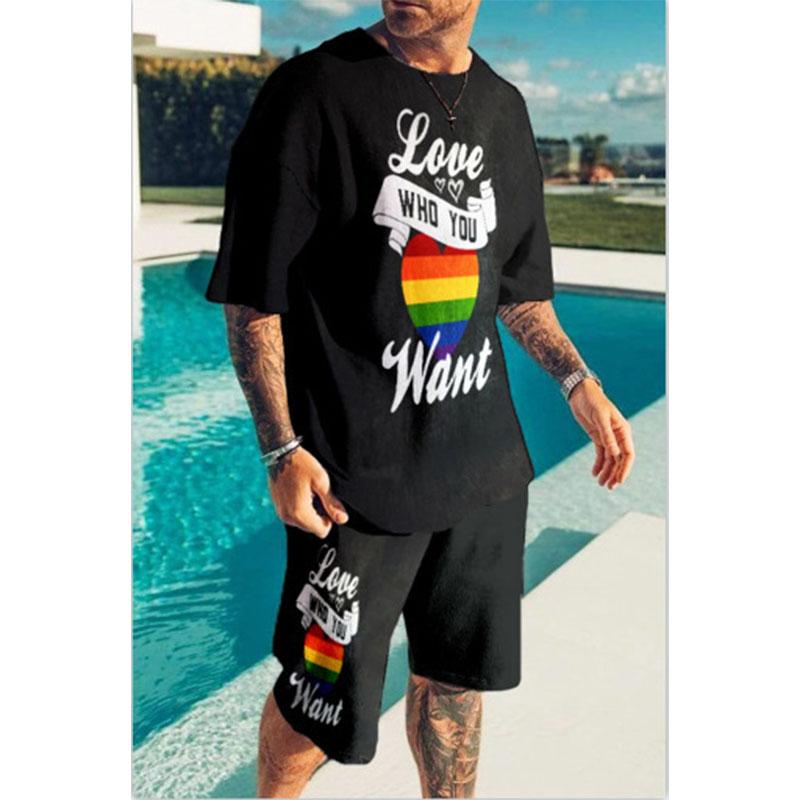 Мужская летняя уличная одежда с принтом радужной лошади и букв 3D, футболка с коротким рукавом и шорты, комплект из 2 предметов, повседневный спортивный костюм, мужская одежда