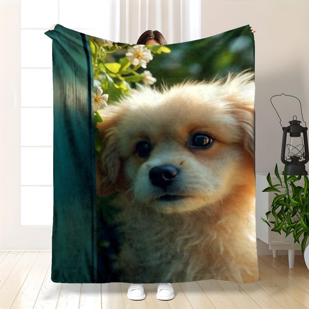 Realistic Lovely Golden Puppy Green Foliage Pattern Flannel Fleece Blanket Warm Plush Bed Throw for Living Room Office Travel