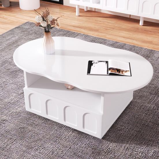 Home Living Room Coffee Table with Drawer Storage Compartments 2-Tiers Rounded Corner Smooth Wood Tea Surface Easy Assembly Cloud Shaped Furniture