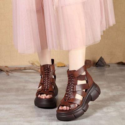 Летние новые ретро сапоги ручной работы из толстой кожи на платформе, женские сандалии на высоком каблуке, с вырезами, из мягкой кожи, на танкетке, с открытым носком, римские