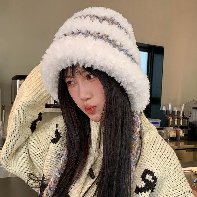 Плюшевая шапка на осень и зиму, защита ушей, головной убор, полосатая вязаная шапка в сочетании цветов, теплая и подчеркивающая лицо, универсальный ремешок, шапка-пуловер