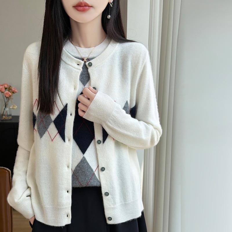 Women Autumn Winter Knit Cardigan Retro Fair Isle Pattern Round Neck Long Sleeve Loose Wool Blend Sweater Coat Casual Outerwear
