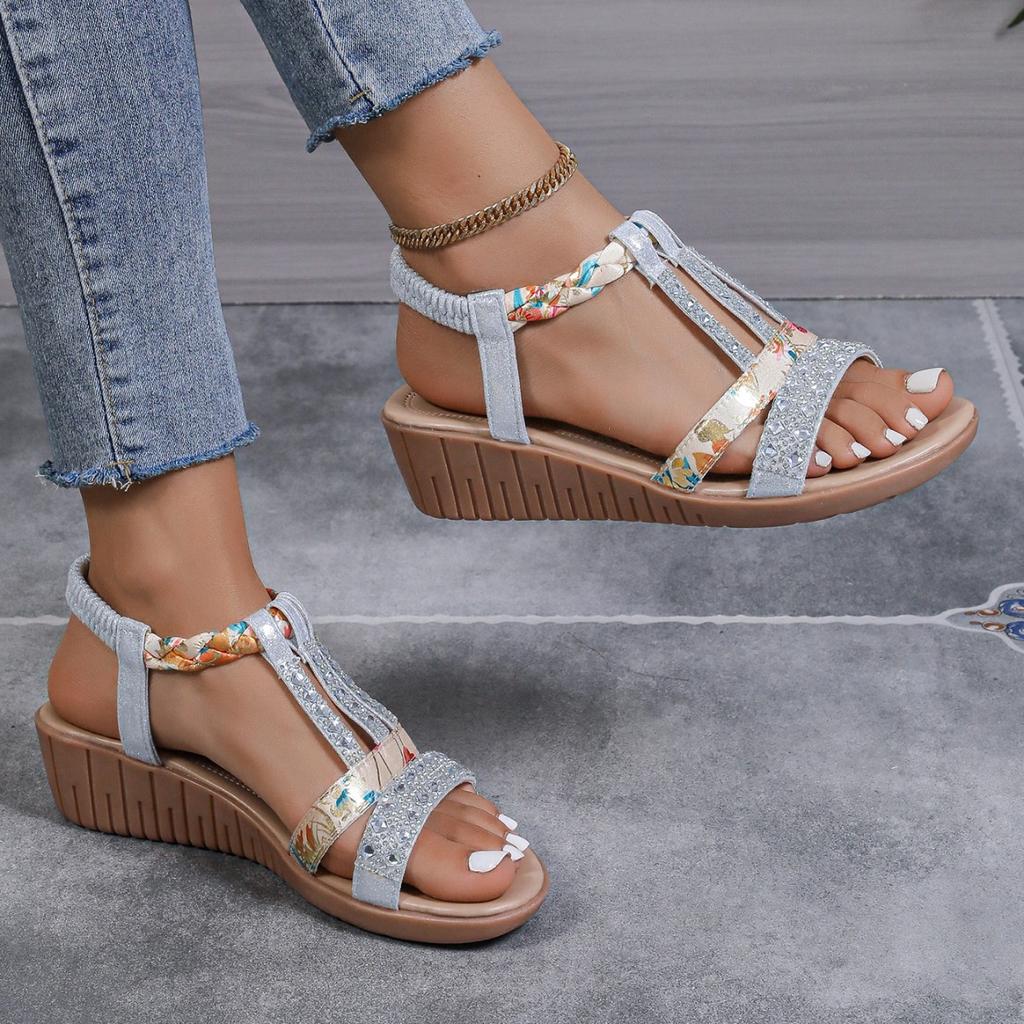 Women Wedges Sandals Summer Bohemia Rhinestones Casual Platform Sandals Female Peep Toe Outdoor Beach Shoes Sandalias De Mujer