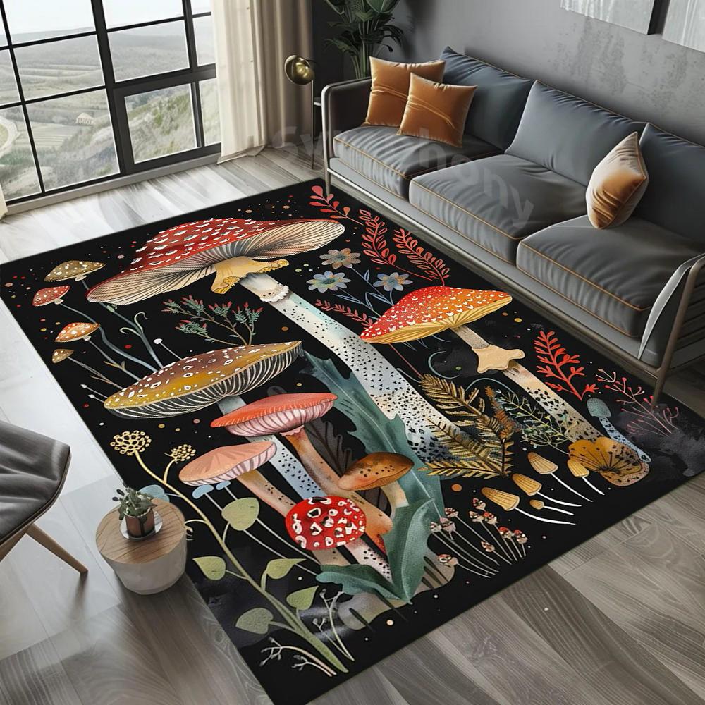 Mushrooms Carpet Red White Spots Rug Mat Home Decoration Fern Leaves Vine Ornament Non-Slip Soft Floor Mat for Living Room