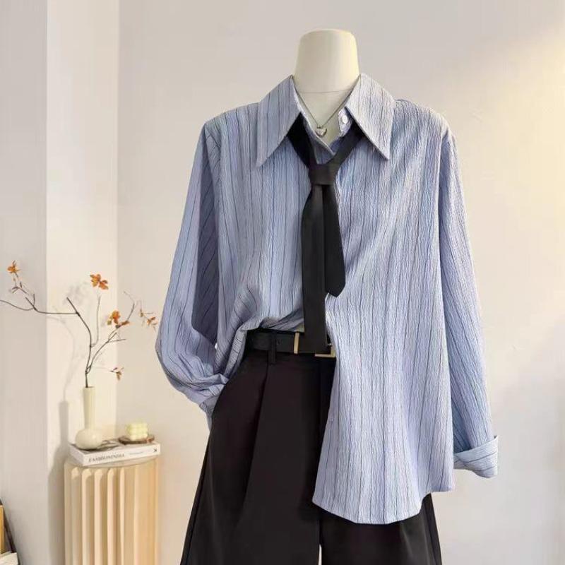 Women's Textured Shirt Striped Turndown Collar Button Up Shirts Paired with Tie Loose Vintage Famale Long Sleeved Top