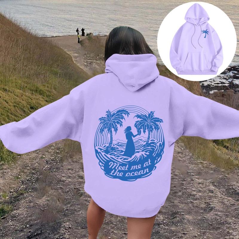 Женские толстовки с изображением пальмы Meet Me At The Ocean с принтом букв Толстовки-пуловеры с длинными рукавами Женская уличная толстовка с капюшоном