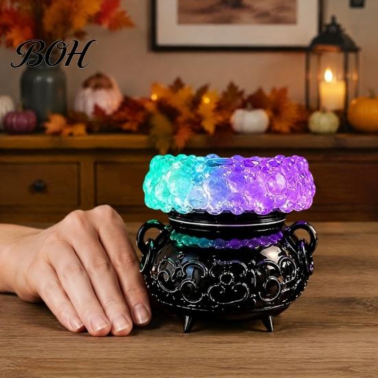 Halloween Mantle Display Cauldron LED Bubble Light, Light-up Witch Candle Holder, Mysterious Symbol Table Ornament Color Changing Spooky Potion