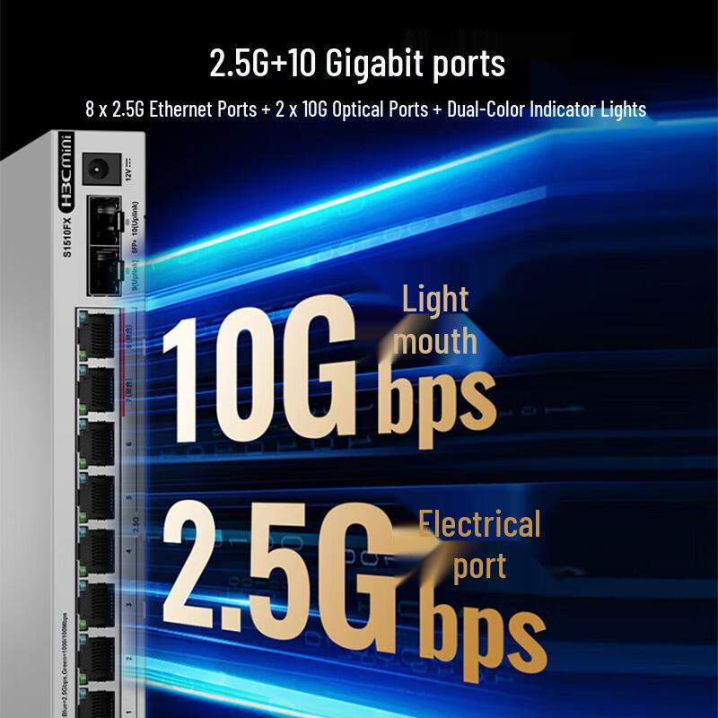 H3C S1510FX 8-портовый коммутатор 2,5G с 2 оптоволоконными портами 10G