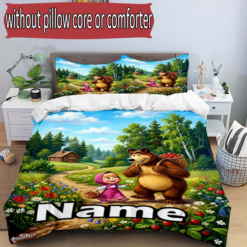 3pcs Duvet Cover Set (1*Duvet Cover + 2*Pillowcase, Without Core), Custom Name Masha and The Bear Pattern Bedding Set, Home Bedroom Decor Gift