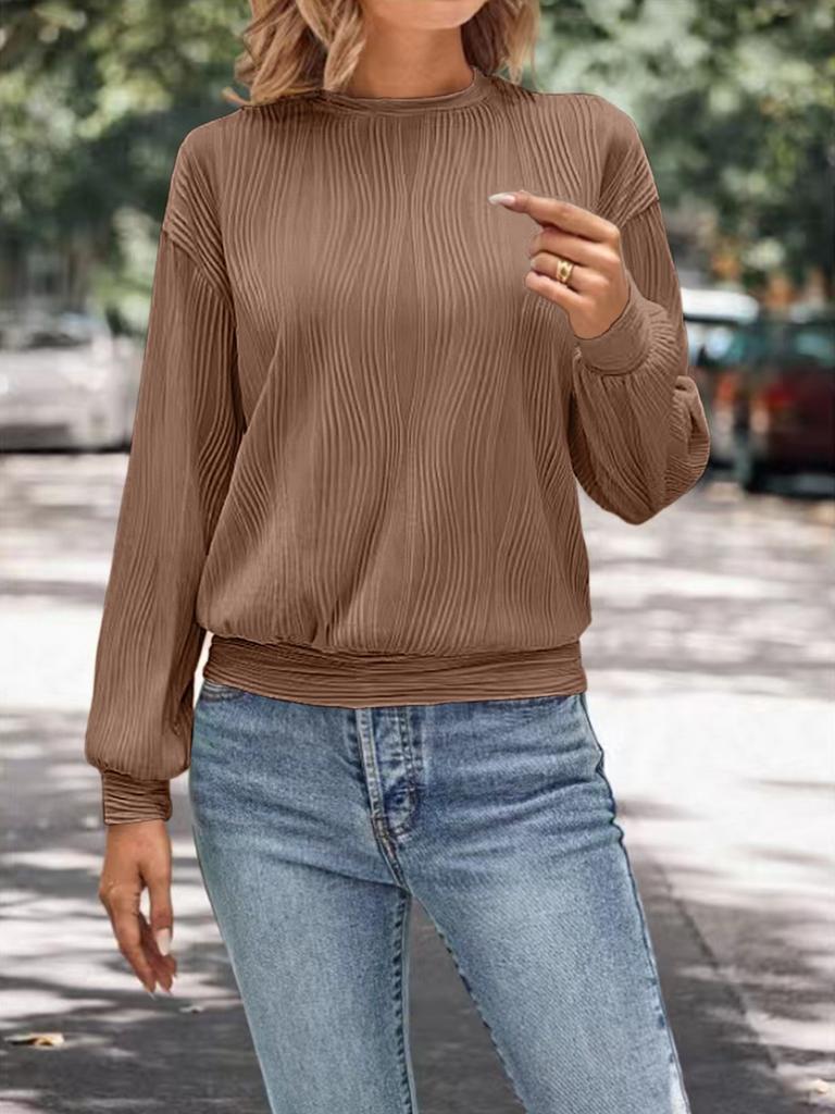 Женская модная футболка с заниженной линией плеч, с длинным рукавом, с текстурой, с круглым вырезом, повседневный топ