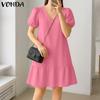 VONDA Женское платье с V-образным вырезом, пышными рукавами, однотонное, повседневное, с оборками и плиссировкой