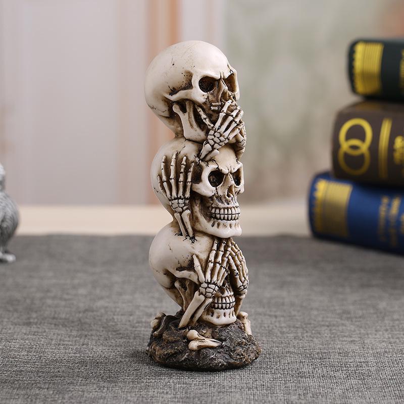 19CM Skull Statue,See No Evil Hear No Evil Speak No Evil Stacked Skull Figurine Tower Gothic Tabletop Decor for Halloween