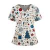 Women's Christmas Print V-Neck Double Pocket Short Sleeves Hem Slit Uniform And Caregiver Top