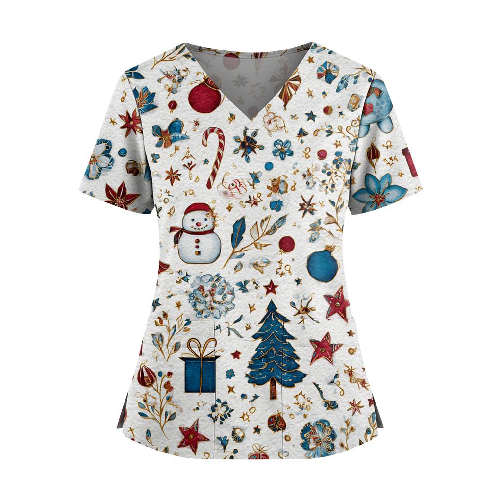 Women's Christmas Print V-Neck Double Pocket Short Sleeves Hem Slit Uniform And Caregiver Top