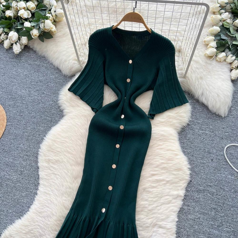 Летние женские элегантные платья-свитера облегающего кроя с V-образным вырезом и застежкой на одну пуговицу, длинные макси с юбкой «рыбий хвост»