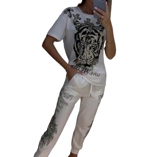 2 Pcs/Set Women T-shirt Pants Set Tiger Print Round Neck Short Sleeves Top Ankle-banded Elastic Waist Trousers Casual Daily Wear Outfit