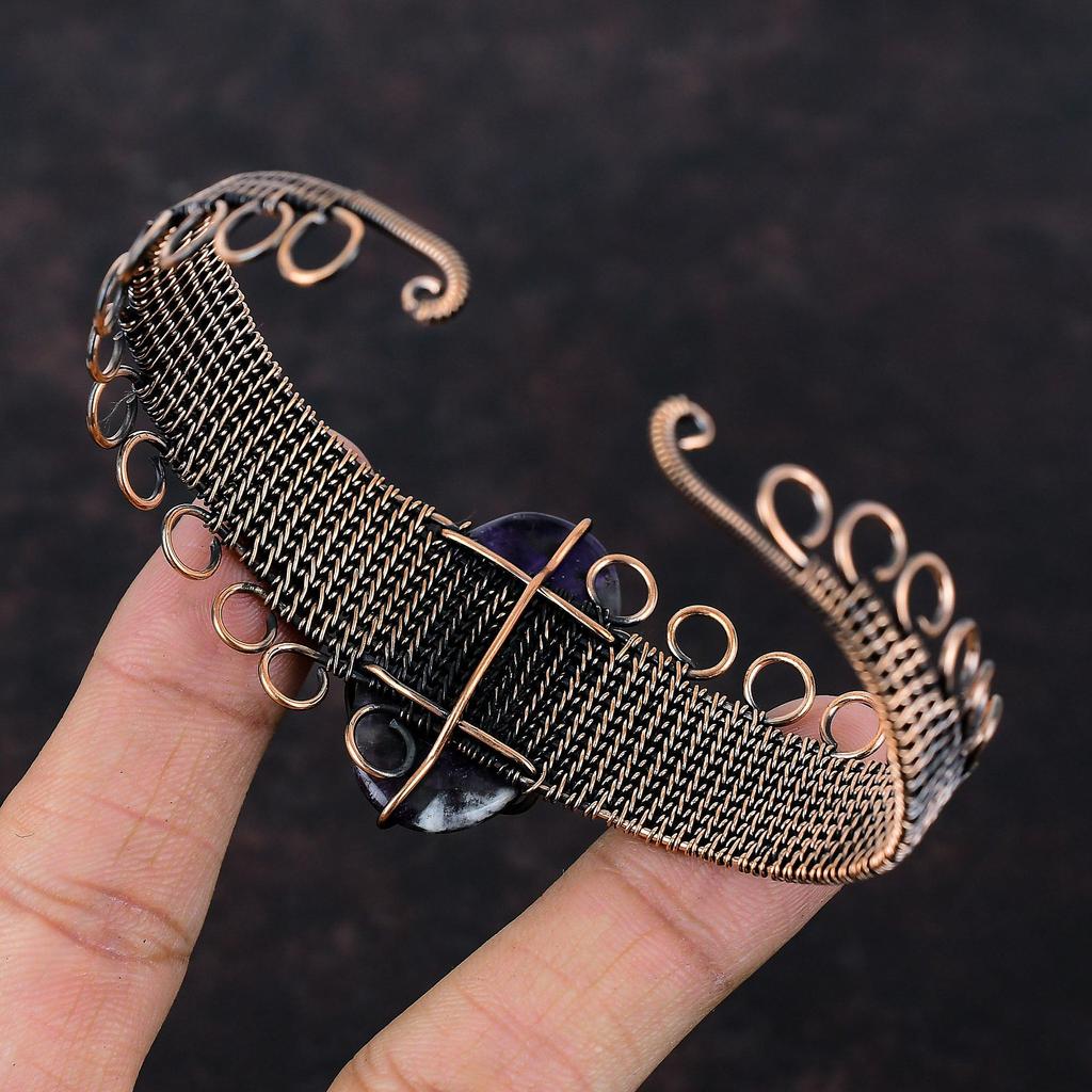 Chevron Amethyst Gemstone Cuff Bracelet Copper Wire Wrapped Bangle Adjustable Cuff Bracelet Copper Wire Jewelry Gift For Mom Handmade Bangle