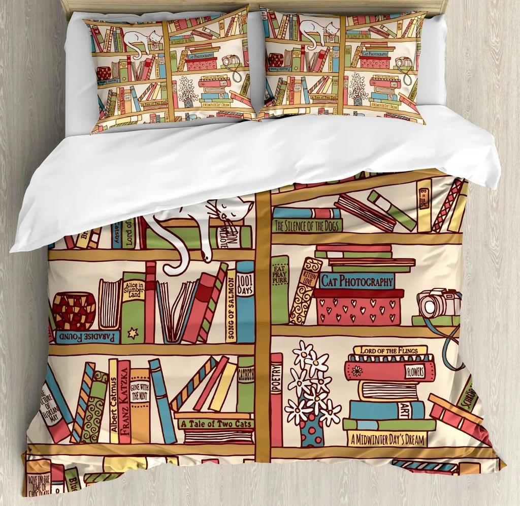 Books Lovers Gift Duvet Cover Set Full Size,Readers And Literary Lover Bedding Sets,Vintage Librarians Bookshelf Comforter Cover