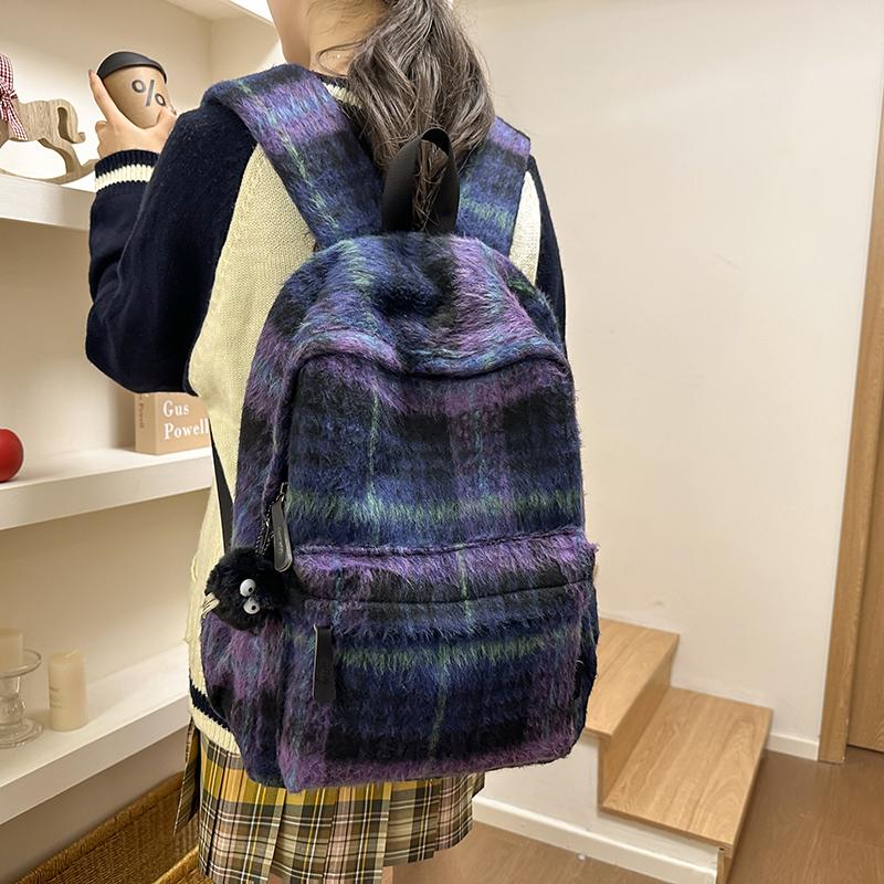 Шерстяной клетчатый школьный рюкзак для студента, большой вместимости, женский рюкзак