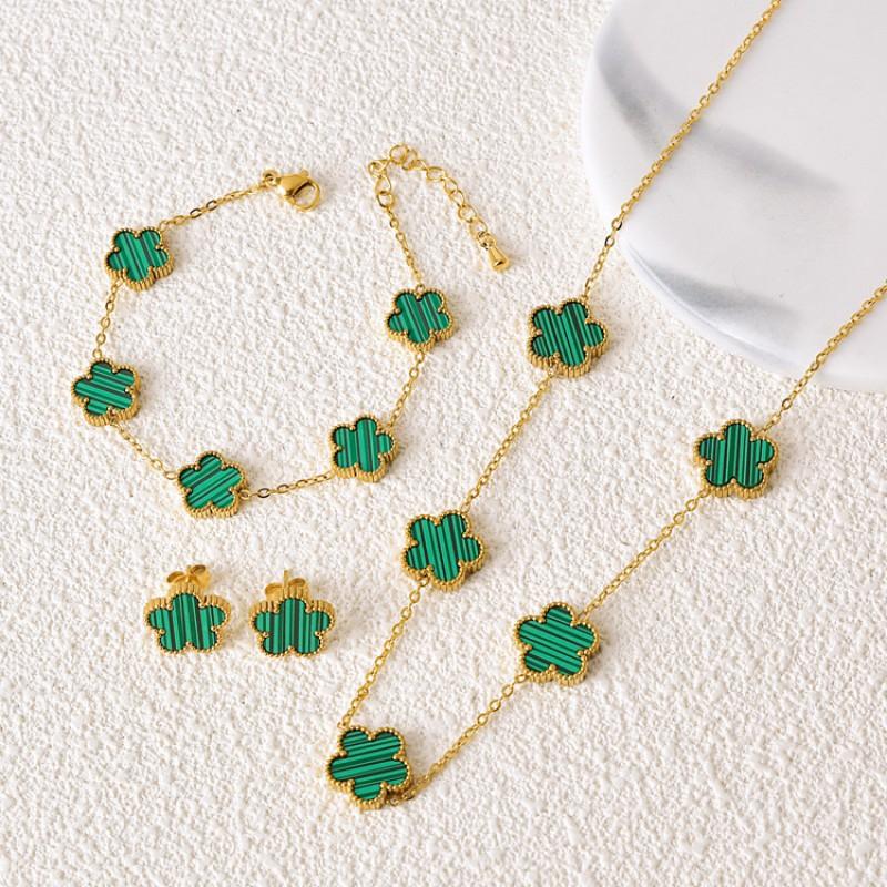 Double-Sided Lucky Clover Titanium Steel Necklace Earring Set Women Minimalist Fashion Daily Wear